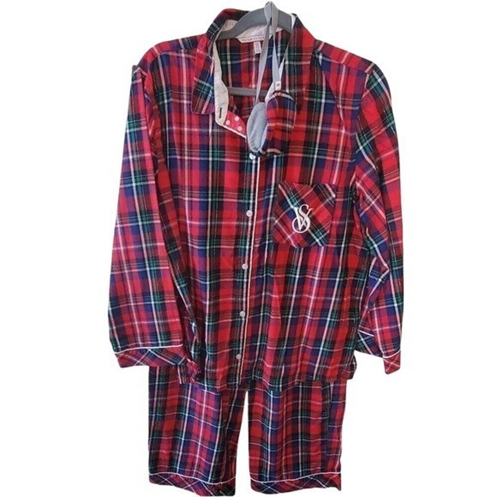 Victoria's Secret Red Plaid 3pc Pajama Set L Long Sleeve Pants Eye Mask Vintage